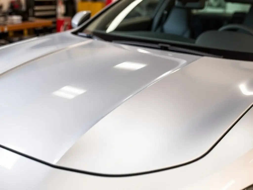 A sleek sports car with a clear paint protection film being applied, highlighting the film's transparency and protective qualities. The setting is a clean, modern automotive care facility.