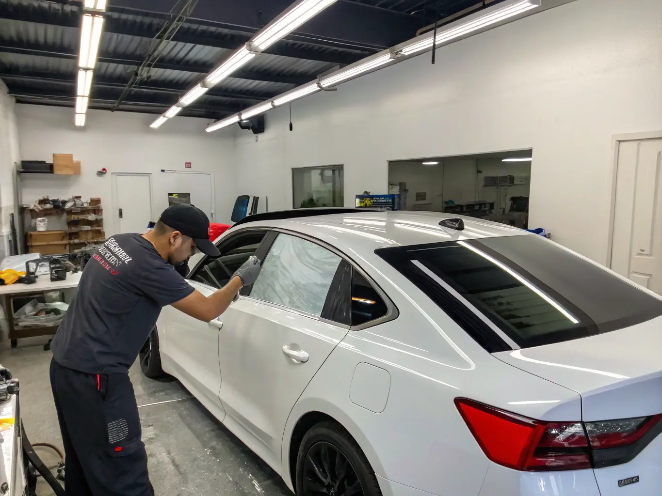 A close-up shot of a luxury car window being expertly tinted, showcasing the precision and quality of Novak Auto Boutique's window tinting service. The background is a professional auto detailing shop.