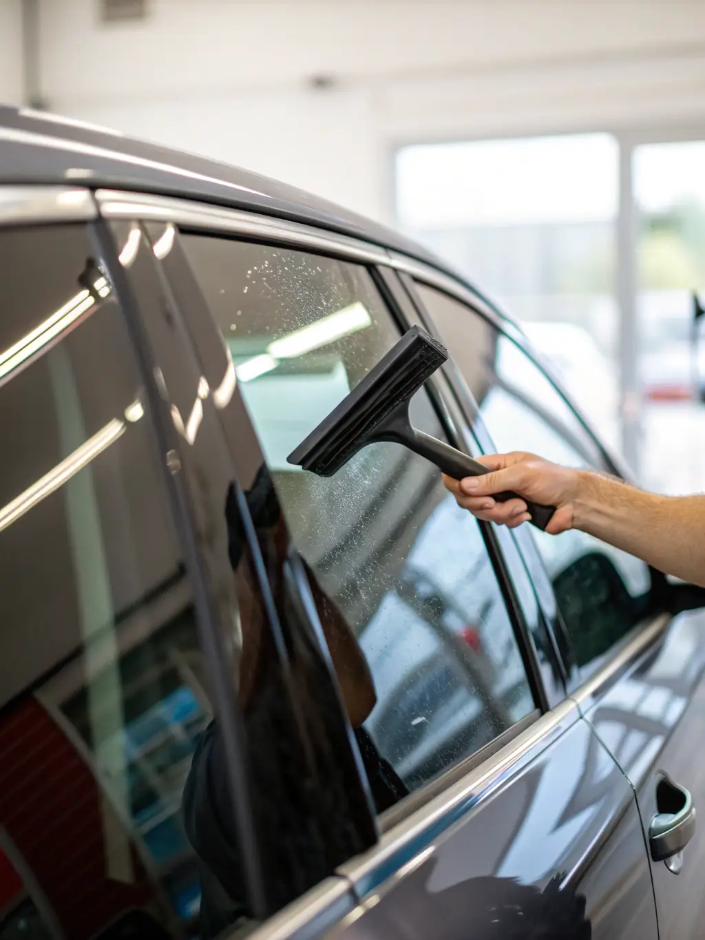 A close-up shot of a luxury car window being expertly tinted, showcasing the precision and clarity of the film application.