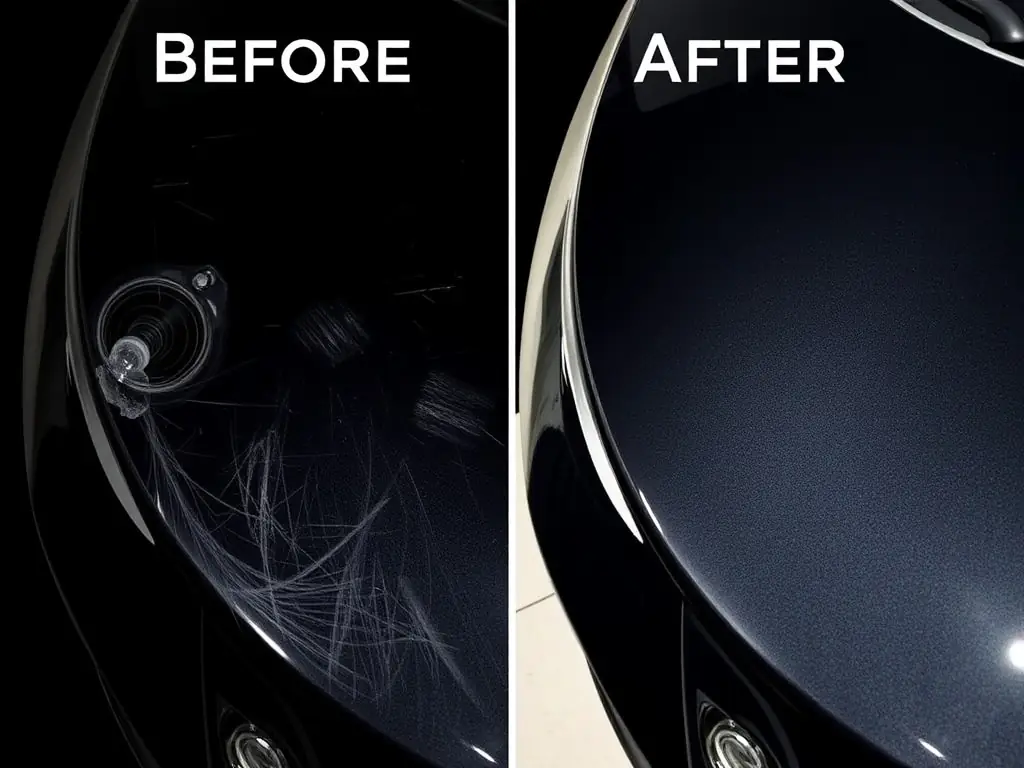 A before-and-after shot of a car's paintwork, demonstrating the transformative effects of Novak Auto Boutique's paint correction service. The after shot shows a deep, reflective shine.